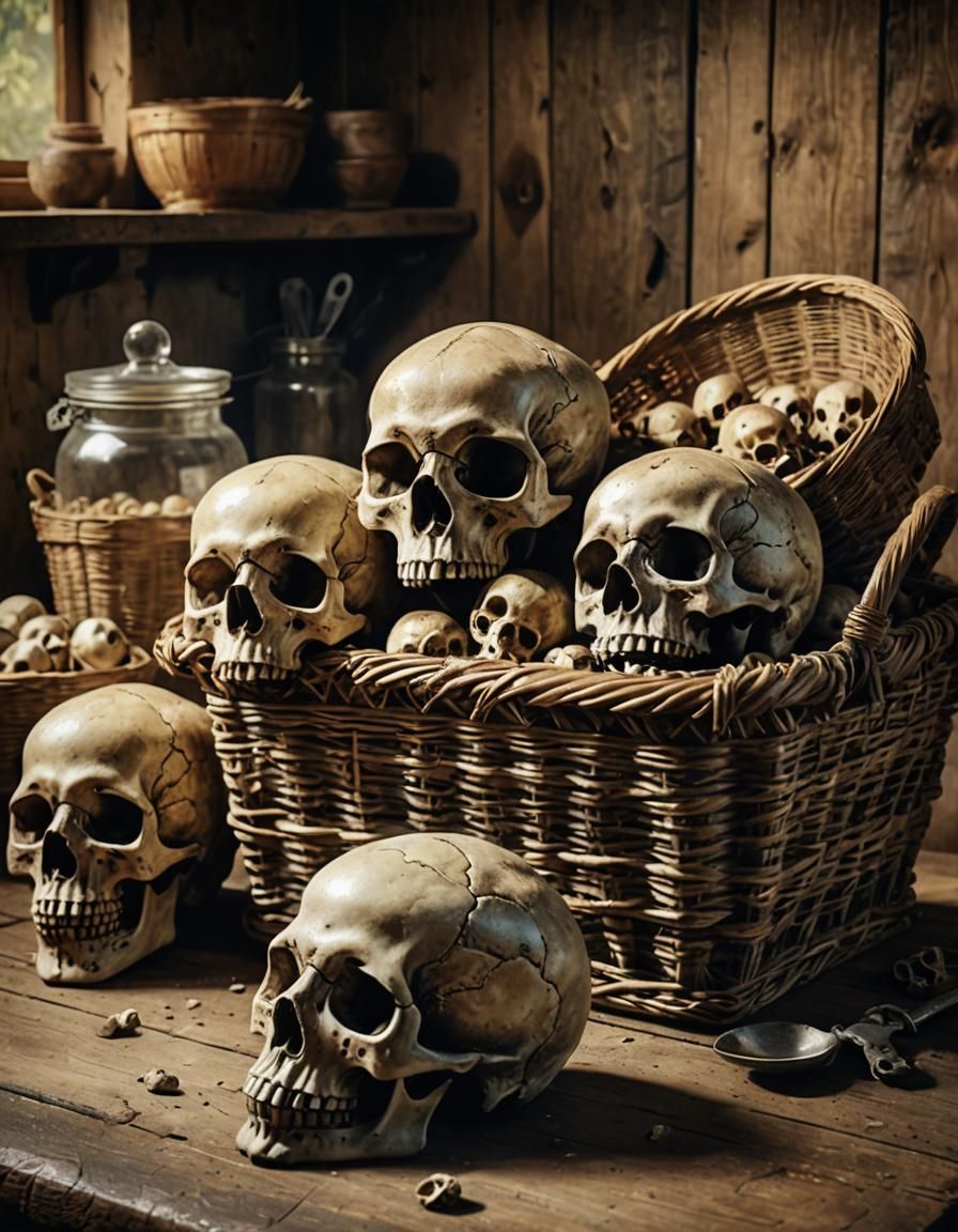 Dramatic Still Life with Skulls in Cinematic Style