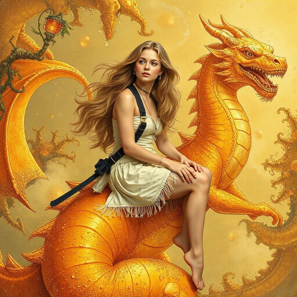 Woman on Gummy Dragon in Effervescent Soda Sea