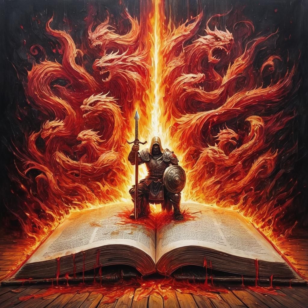 A mighty warrior at the center of a gigantic book