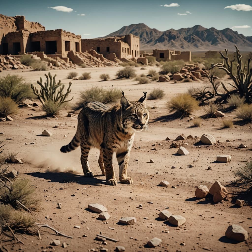 Bobcat Explores Desert Ruins: Cinematic Film Still