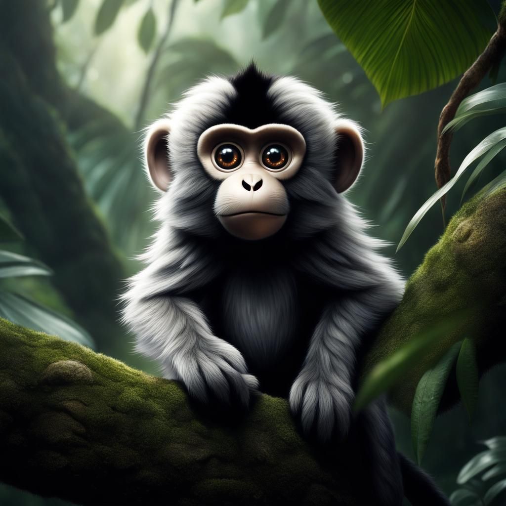 Cute Monkey Opening Nut in Jungle Scene