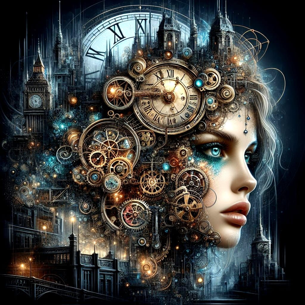 Steampunk Woman in Dystopian Cityscape