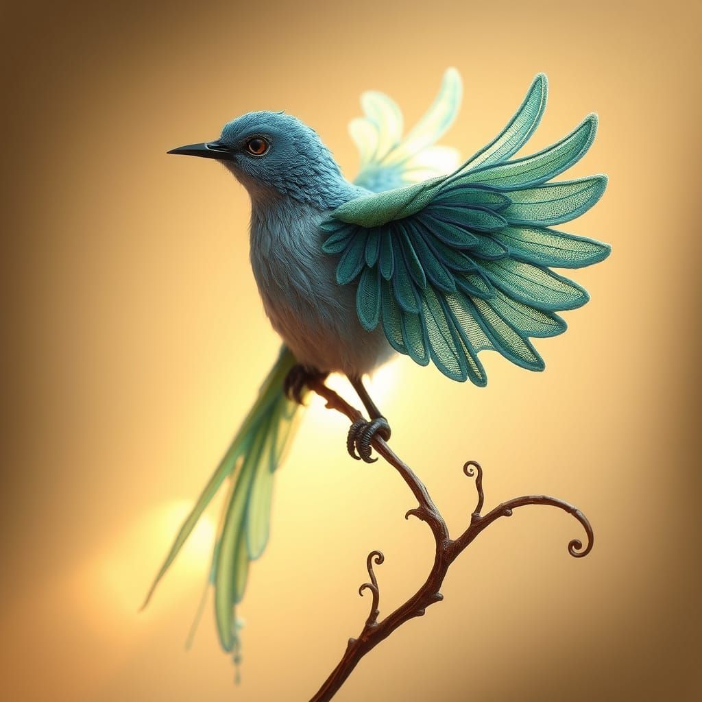 Ethereal Fabric Bird with Iridescent Wings