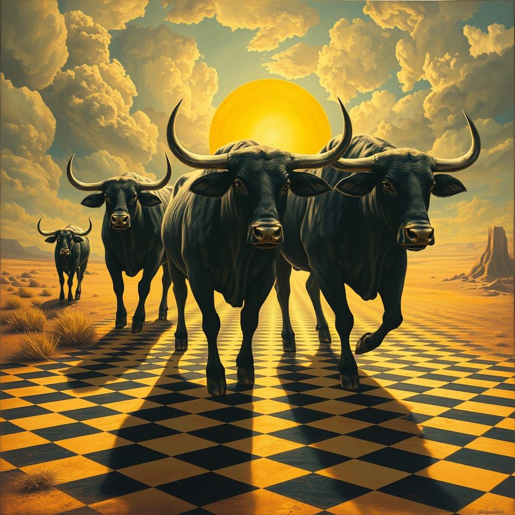 Surreal Bulls in Desert Dreamscape as Digital Art