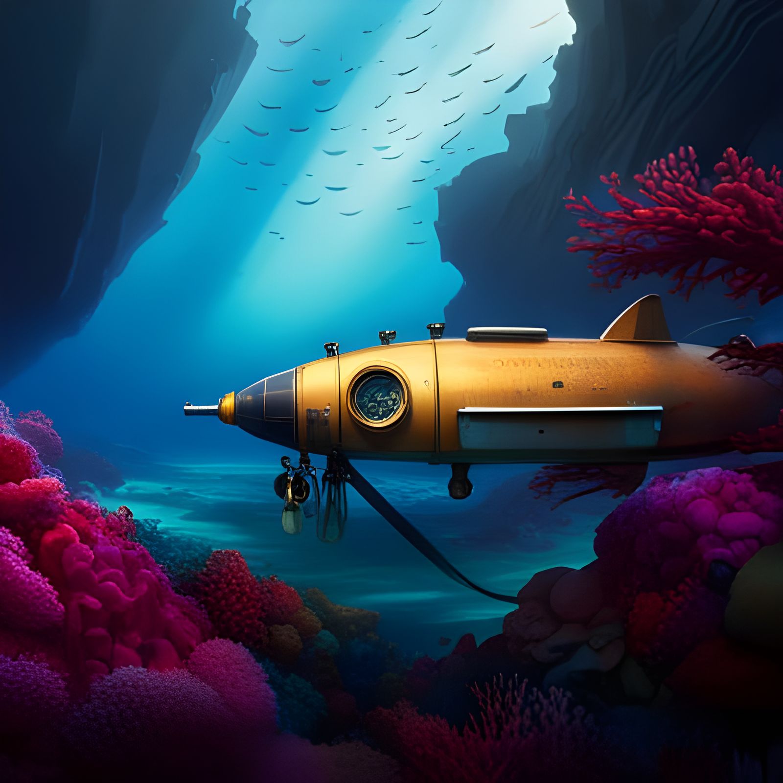 Underwater Sci-Fi Submarine Near Atlantis Ruins