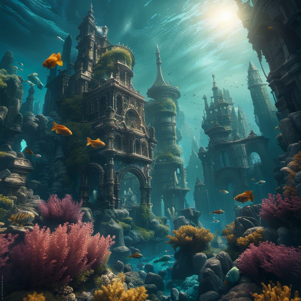 Magical Underwater City with Fish: Detailed Matte Painting