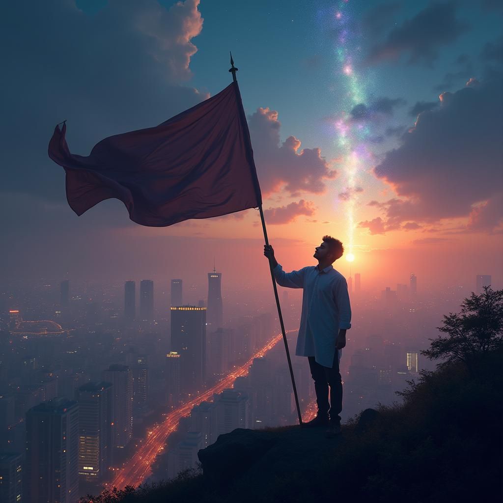 Triumphant Millennial Overlooks Surreal Bengaluru Cityscape