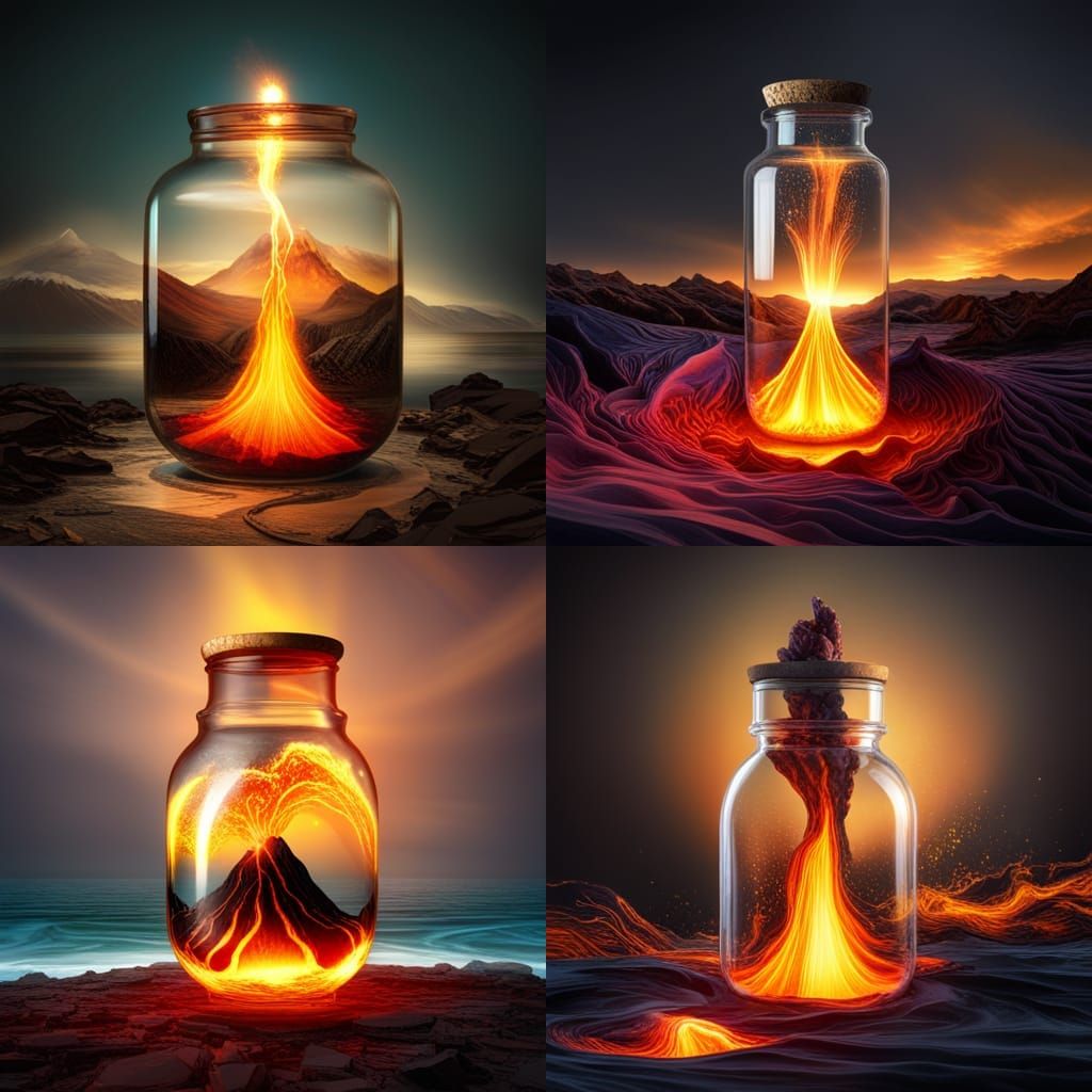 Erupting Volcano in Glass Jar: Hyperrealistic Art