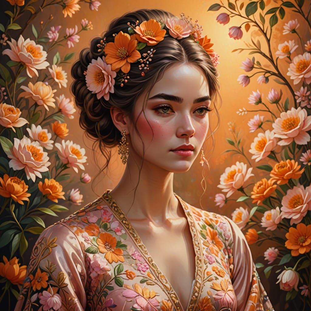 Elegant Woman in Floral Gown: A Digital Oil Painting