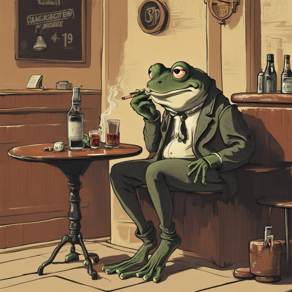 A Frog Sits in a Pub, Smoking a Cigarette in a Quaint Settin...