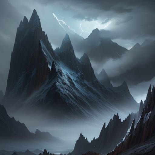 Epic Fantasy Mountain Range Under Stormy Skies