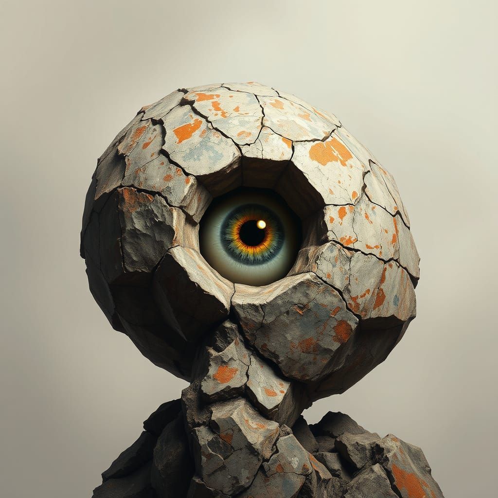 Dreamlike Rock Form with Vivid Eyeball Centerpiece
