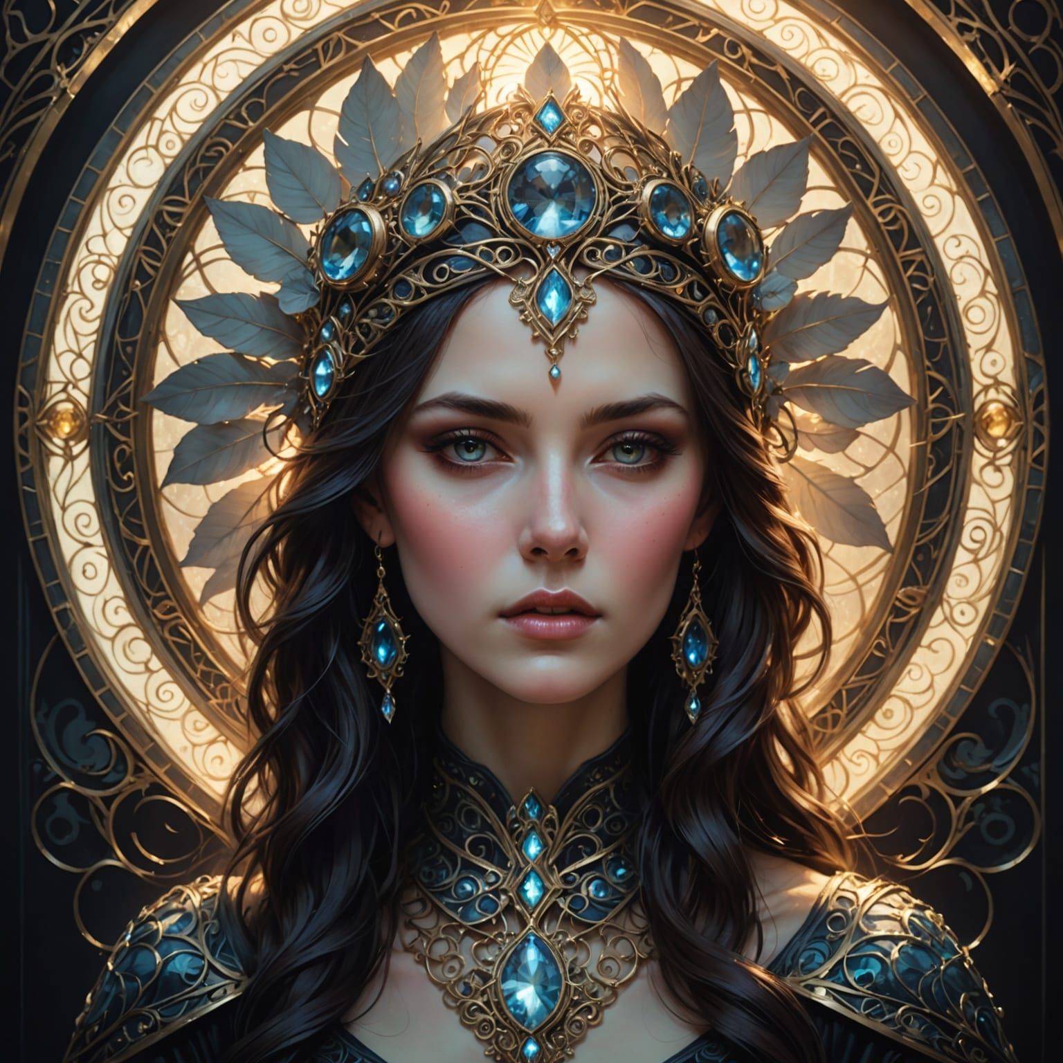 Gothic Woman in Art Nouveau-Inspired Headdress Under Soft Lu...