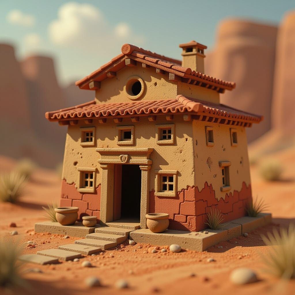 Miniature Terracotta Structure in Digital Art Style