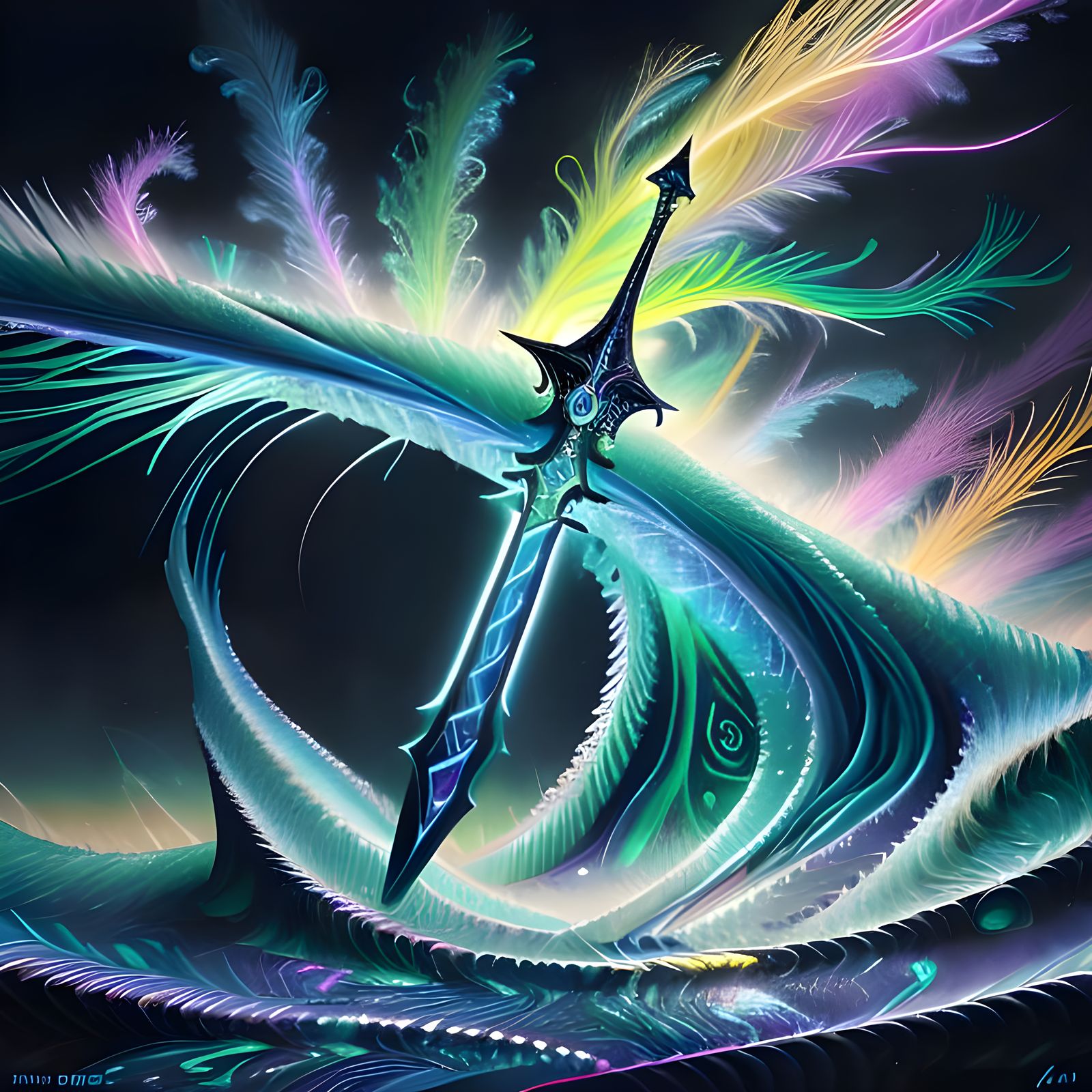 Iridescent Scaled Sword with Bioluminescent Tendrils