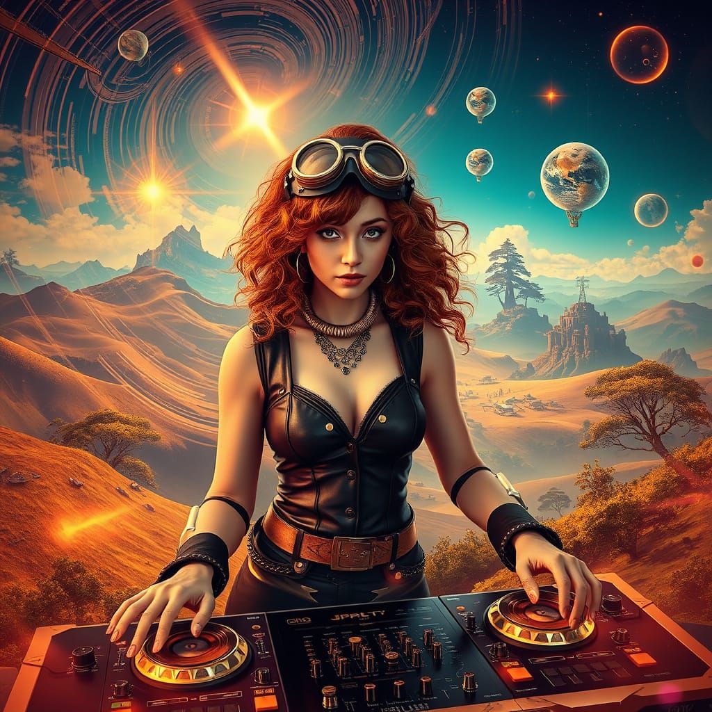 Steampunk Psychedelic DJ in Solar Landscape