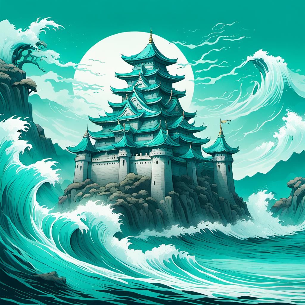 Teal Rose Castle Rises in Aqua Sea: Manga Art