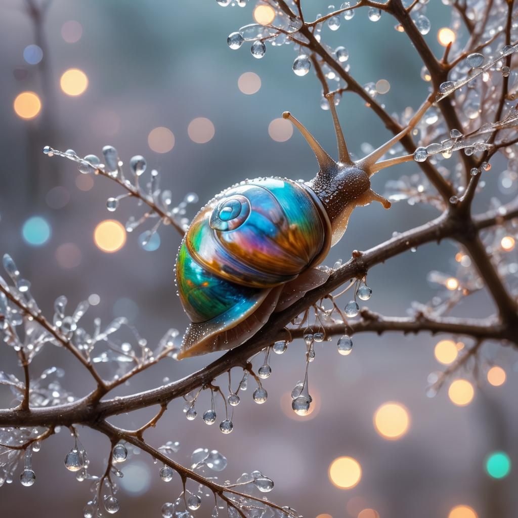 Opal Snail with Dewdrops in Bioluminescent Night