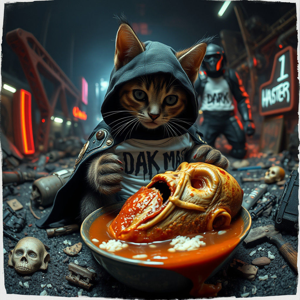 Kitten Dominates Cyberpunk Wasteland in Polaroid Style