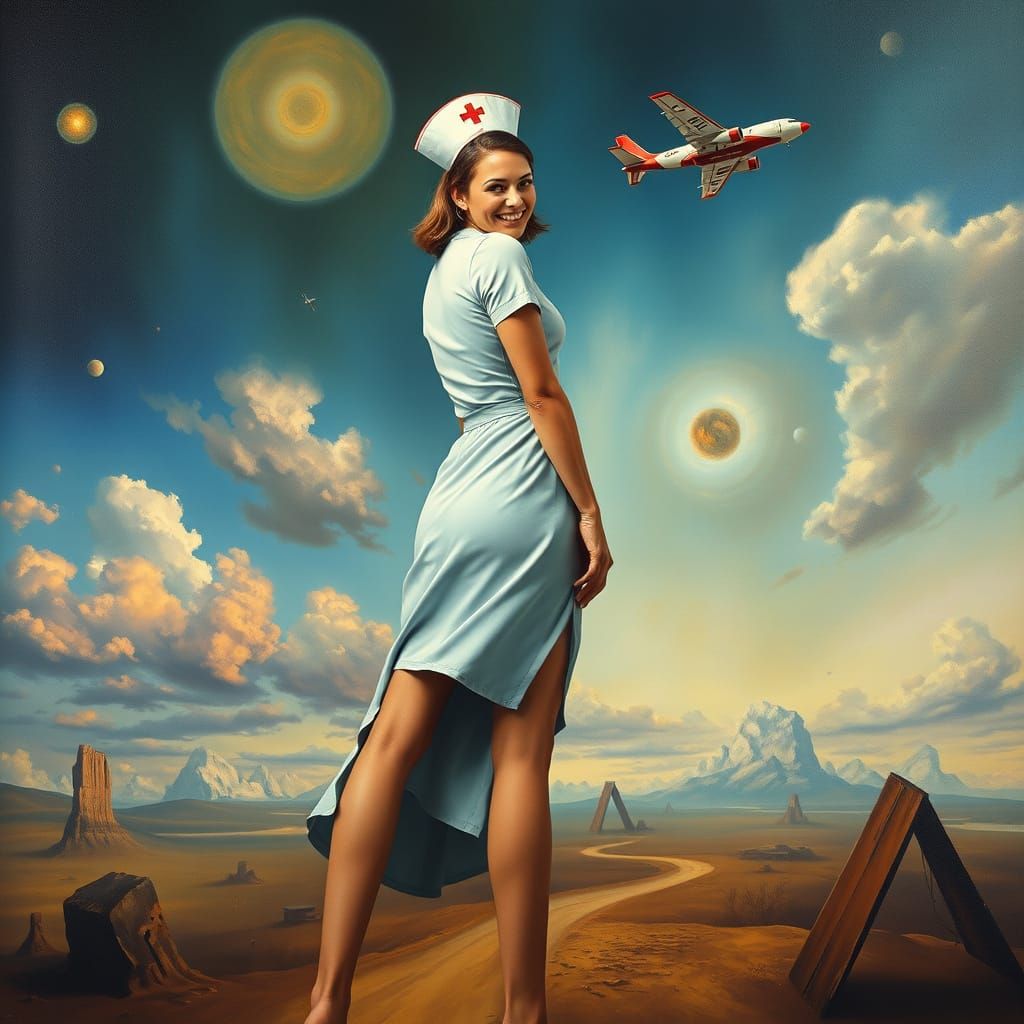 Giant Nurse Goddess Smiles with Intergalactic Plane