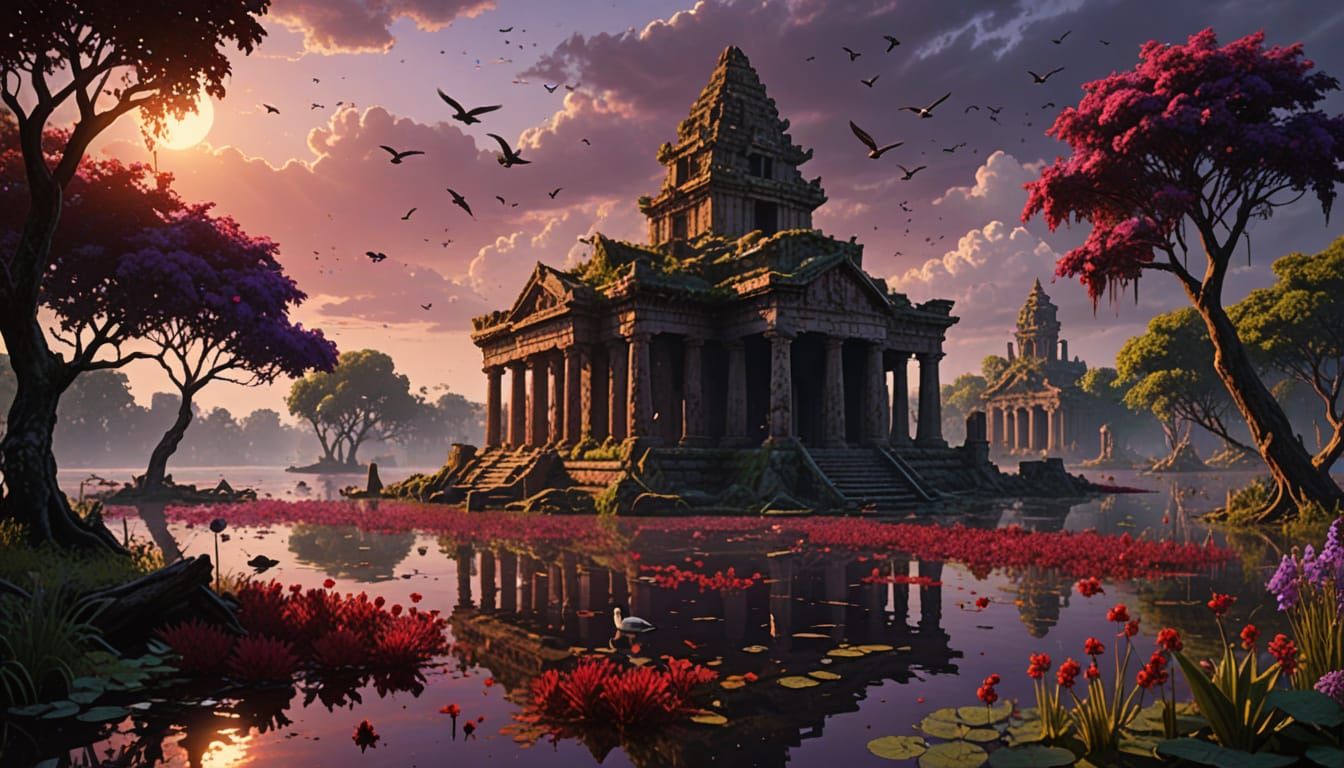 Ancient Temple Ruins at Sunset Over Tranquil Lake