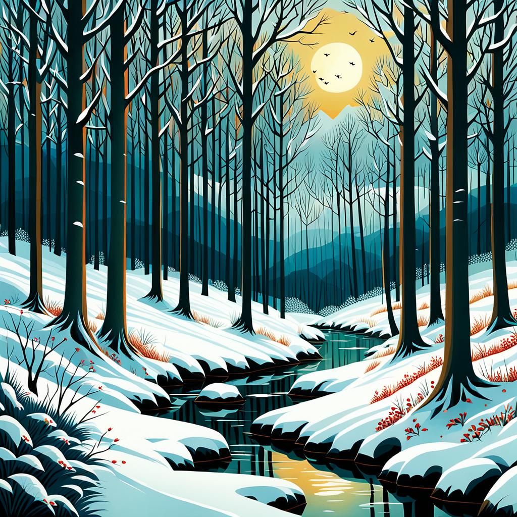 Winter Wooded Landscape Painting
