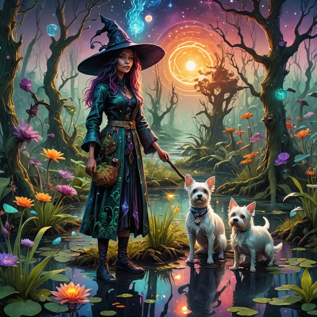 Swamp Witch Gardening with Dog, Astral Illustration