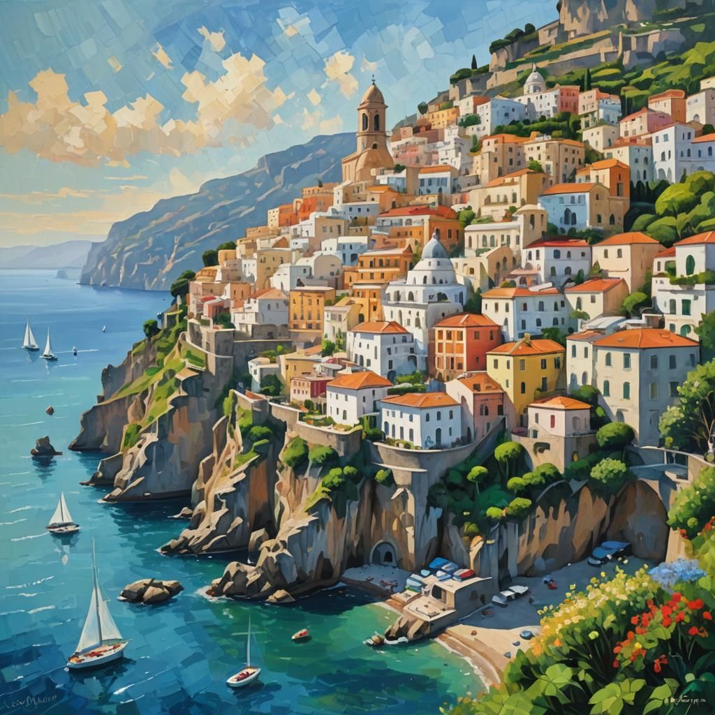 Amalfi Coast Impressionist Oil Painting with Sailboats