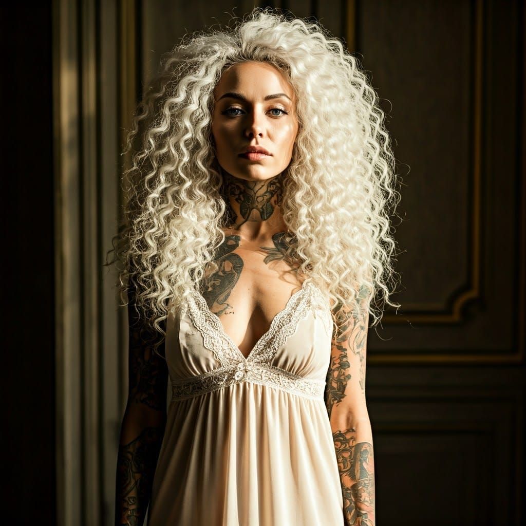 Statuesque Woman with Curly White Hair