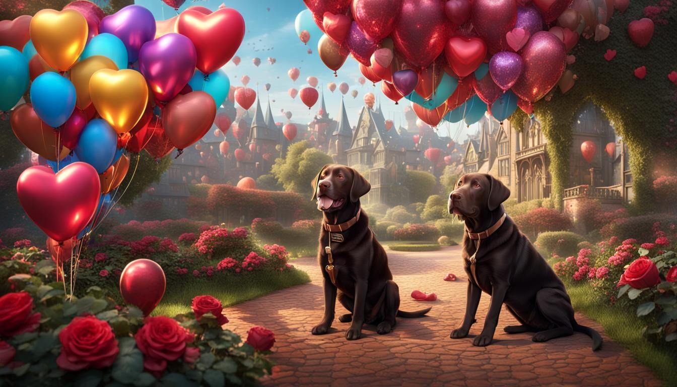 Chocolate Lab Birthday Art with Roses and Balloons