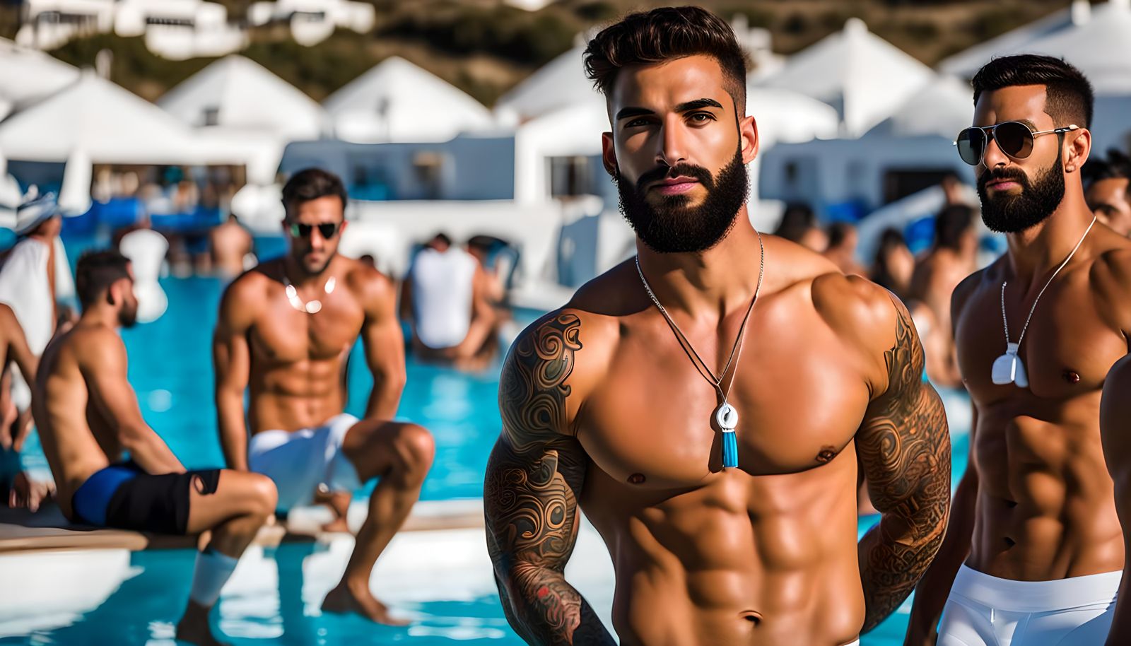 Tattooed Men at Gay Pool Party in Mykonos