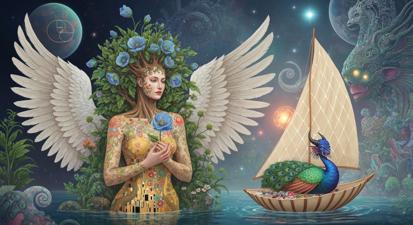 Figure with Klimt-Style Wings in Fantastical Plant Kingdom