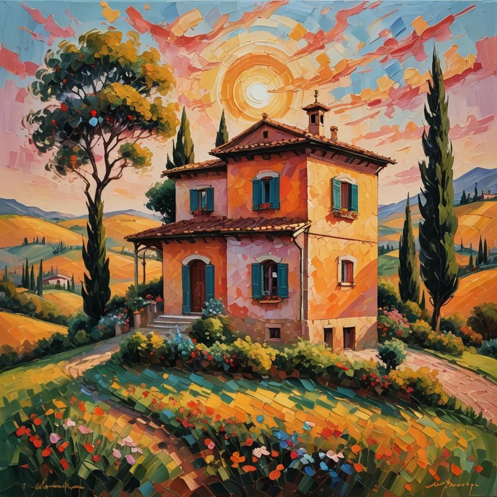 Tuscan Villa Sunrise in Neo-Impressionist Style