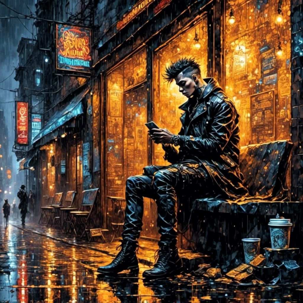Punk in Cyberpunk Alleyway with Coffee