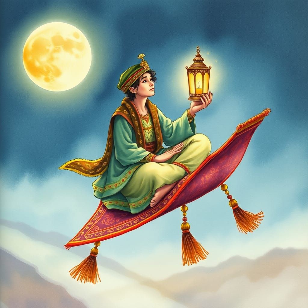 Aladdin on Flying Carpet in Watercolor Style