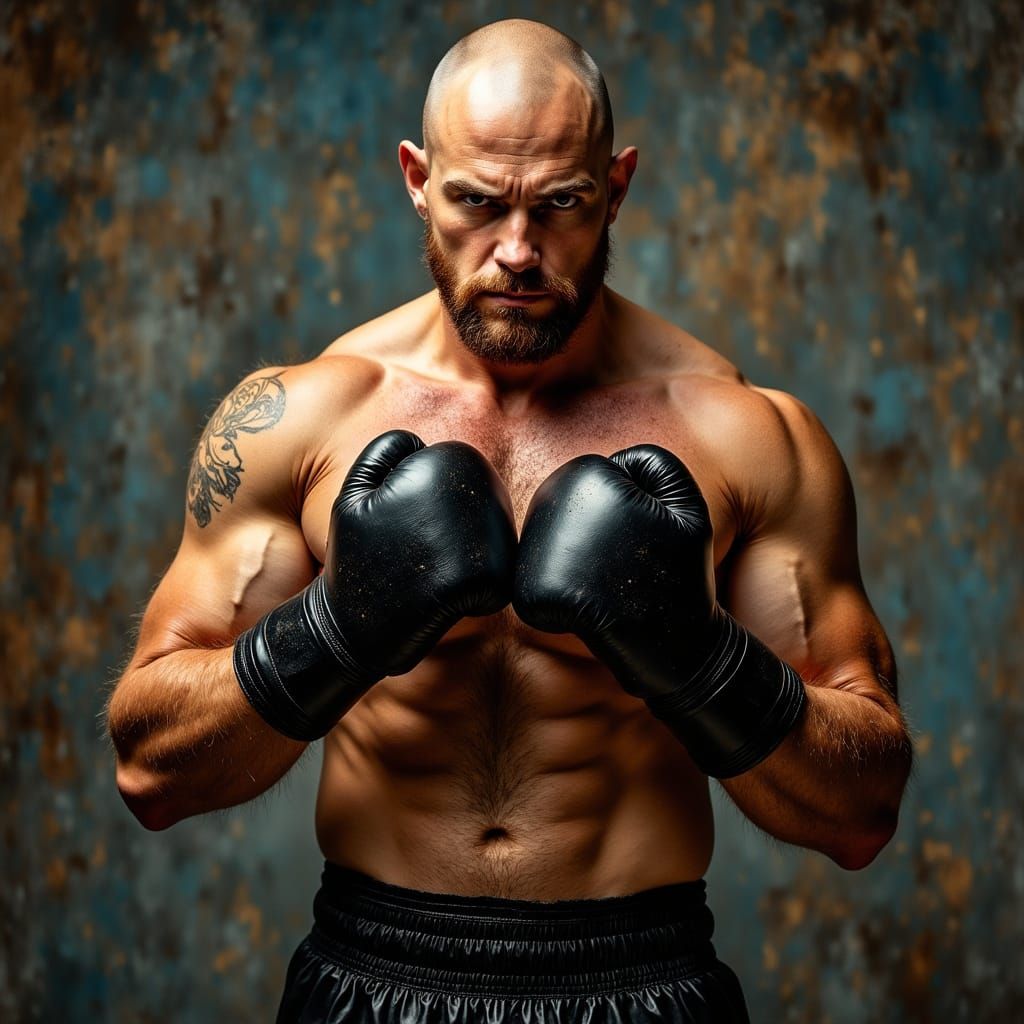 Bald Athlete Poses in Dirty Boxing Gloves