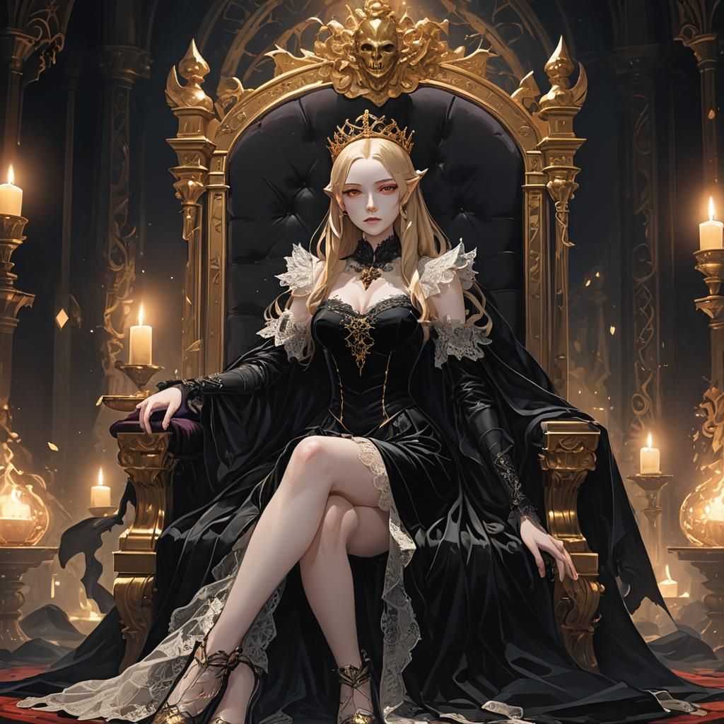 Mona the Vampire on Velvet Throne in Anime Style