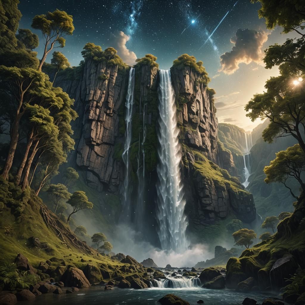 Waterfall Transforms Into Stars: Epic Digital Art