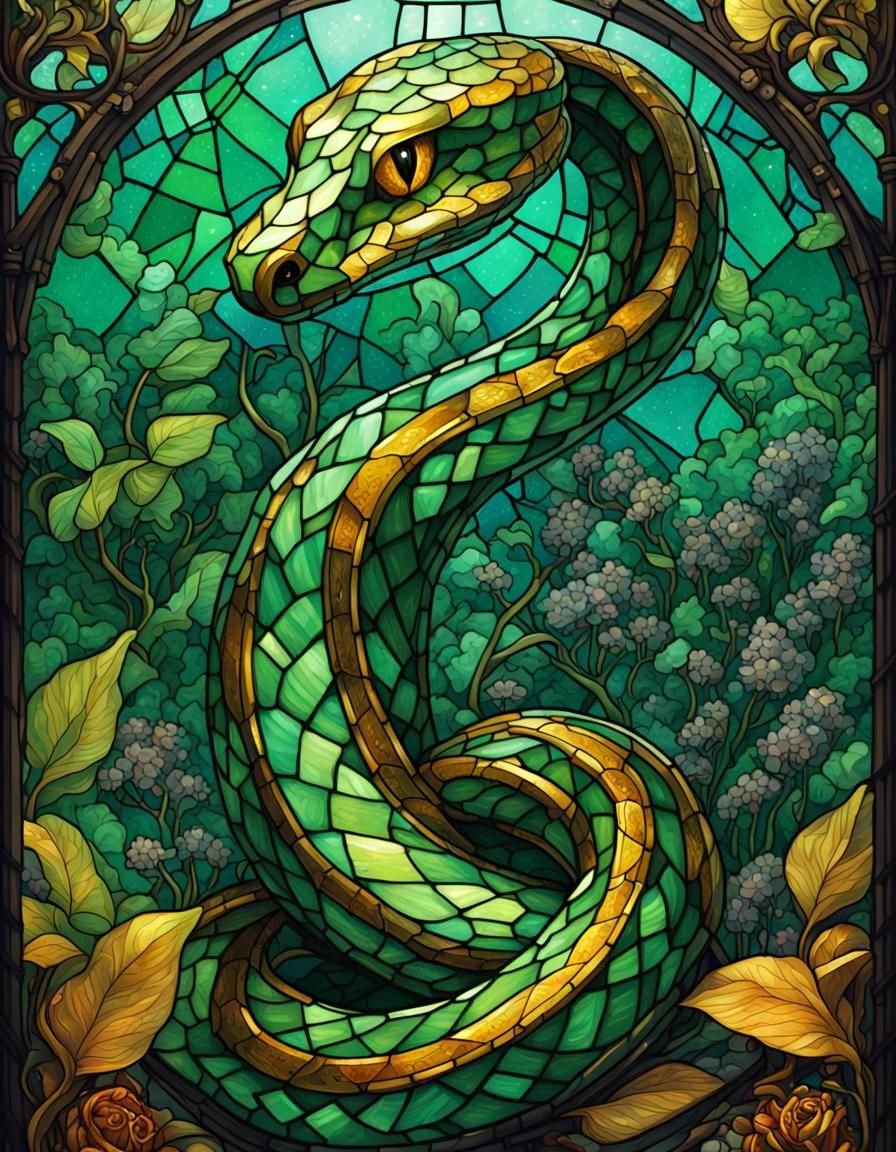 Stained Glass Emerald Snake Illustration