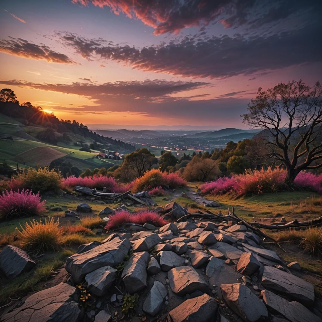 Colorful Twilight Landscape in Hyperrealistic Style