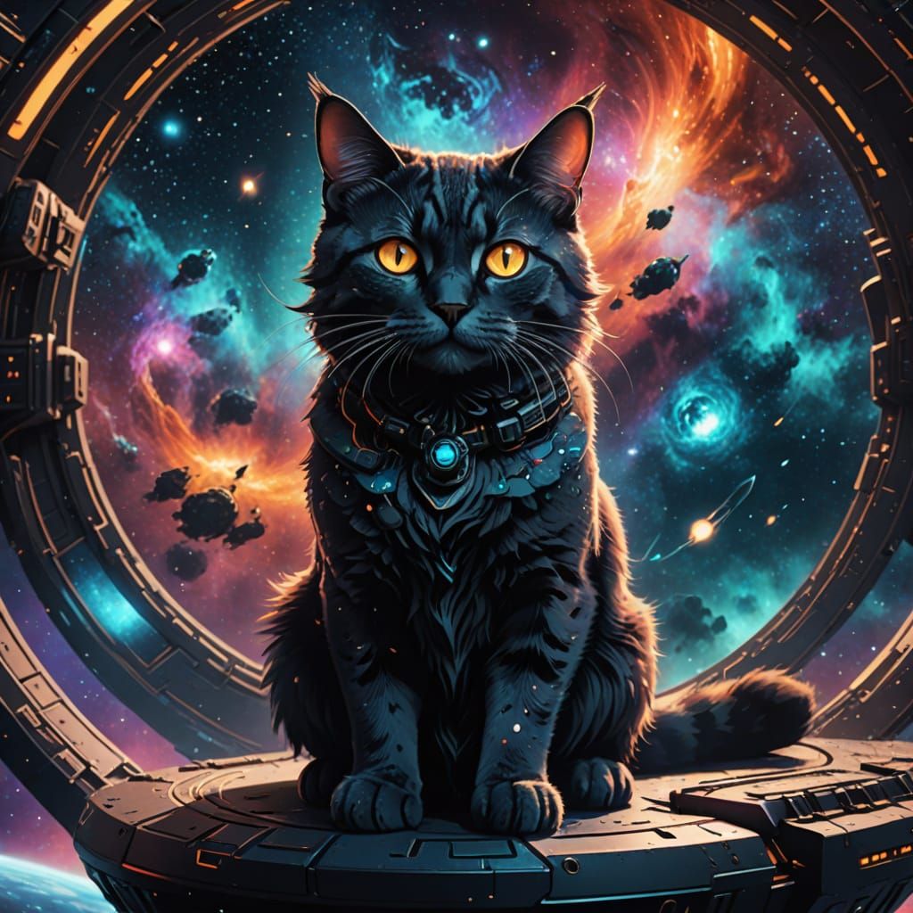 Cat and Spaceship in Detailed Fantasy Art