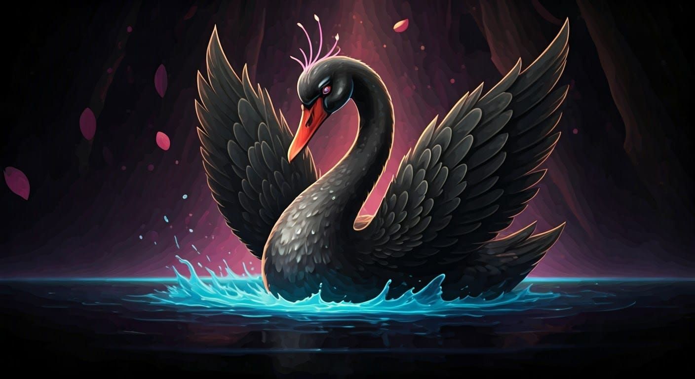 Mystic Black Swan Landing in Fantasy Landscape