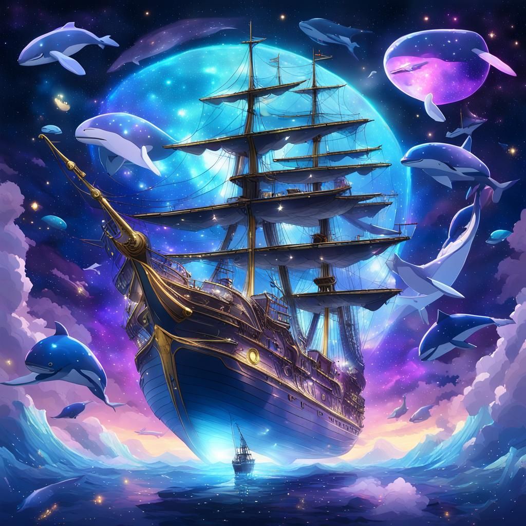 Celestial Sailing Ship Among the Stars in Anime Style