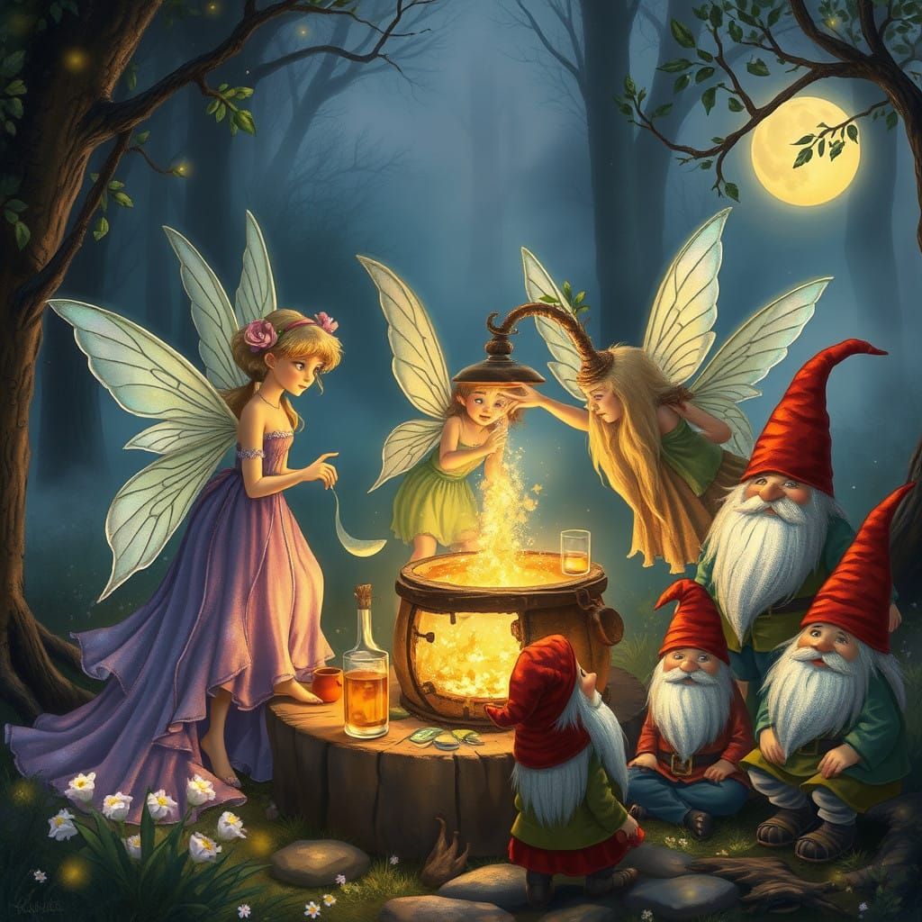 Whimsical Fairies Craft Moonshine in a Misty Forest