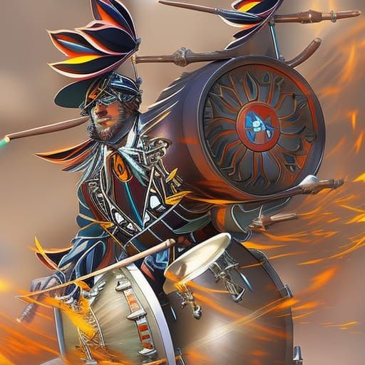 Hyperrealistic Time Travelling Drummer in Splash Art Style
