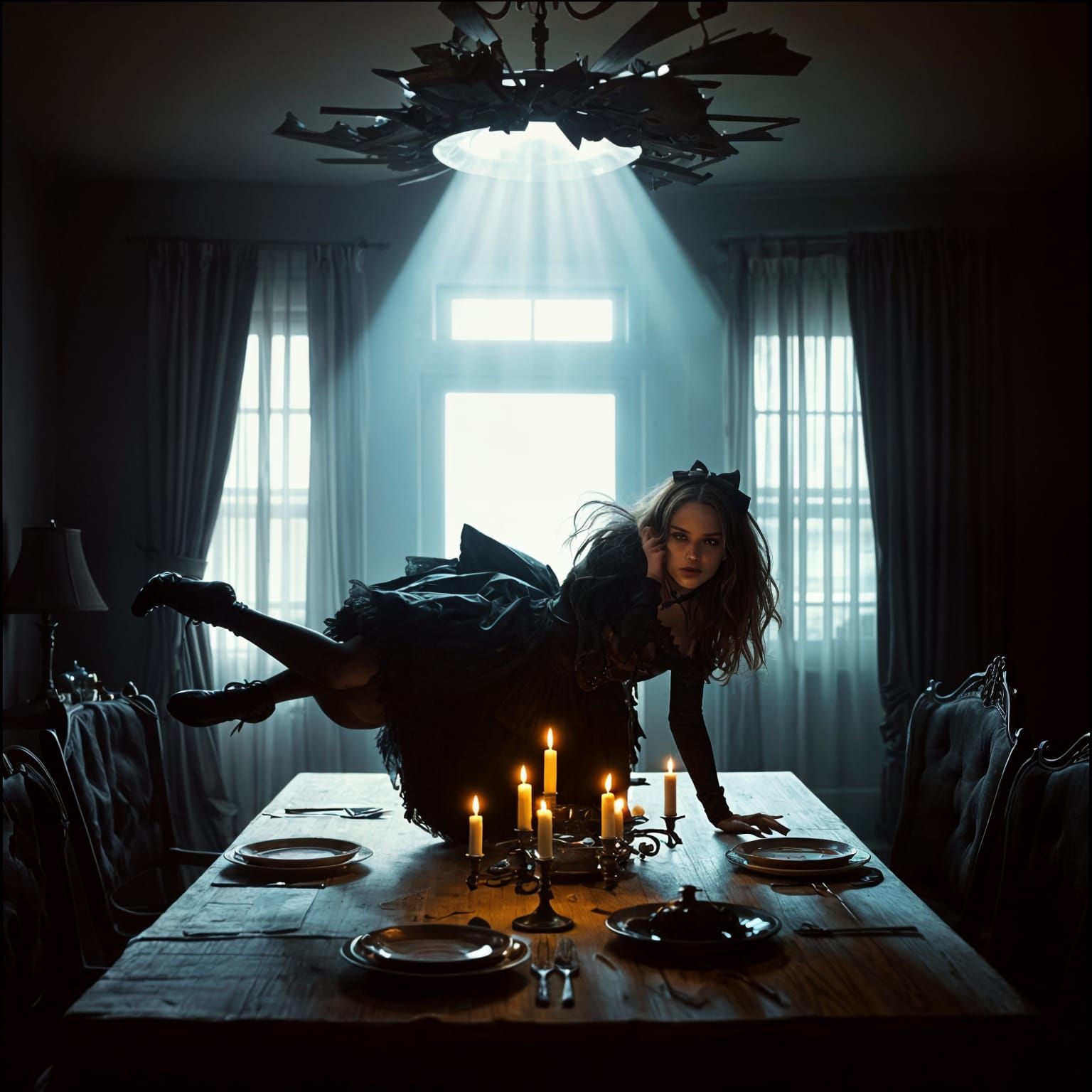 Gothic Alice Falling Through Portal: Realistic Cinematic Sce...