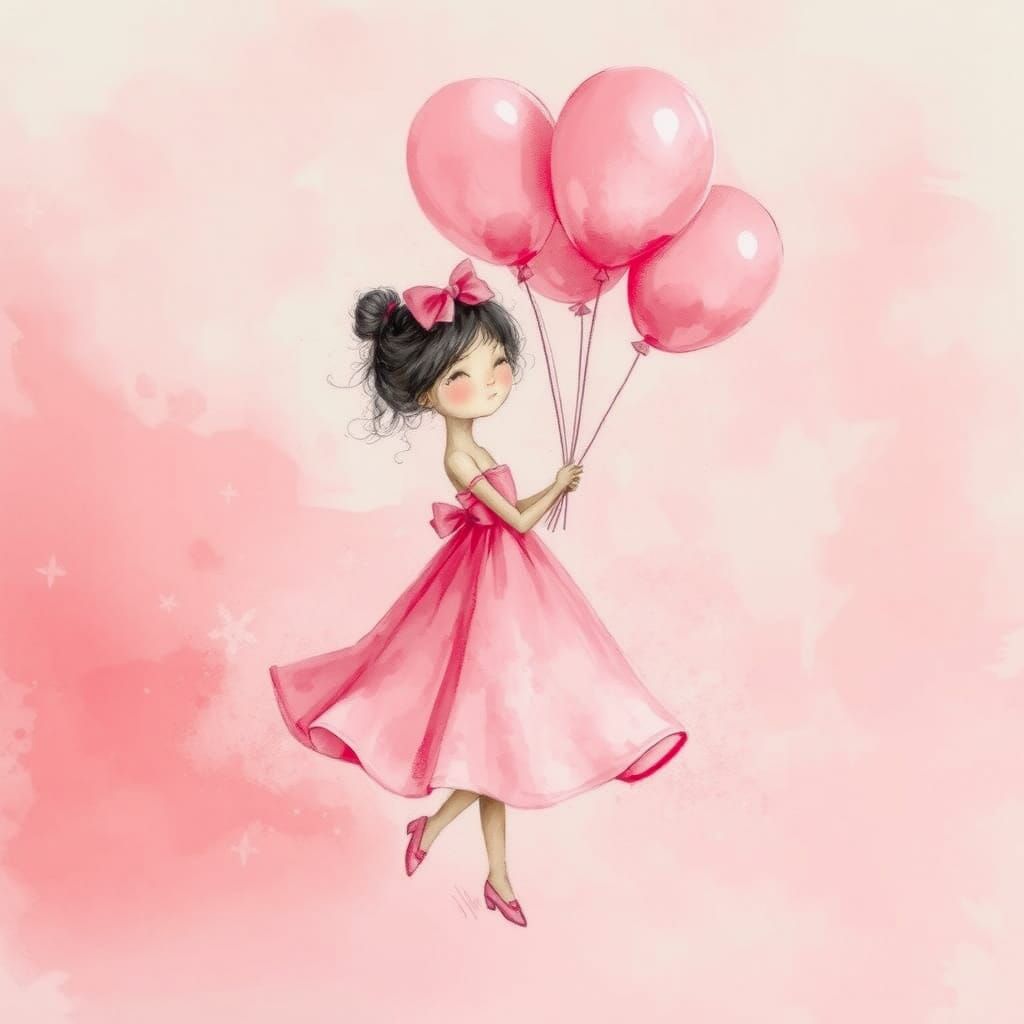 Pink Girl with Balloons: Whimsical Alcohol Ink Illustration
