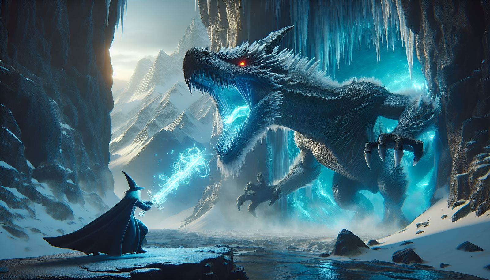 photorealistic, large angry ice dragon roaring at at a wizard who is wearing a pointed hat. In one hand the wizard is ho...