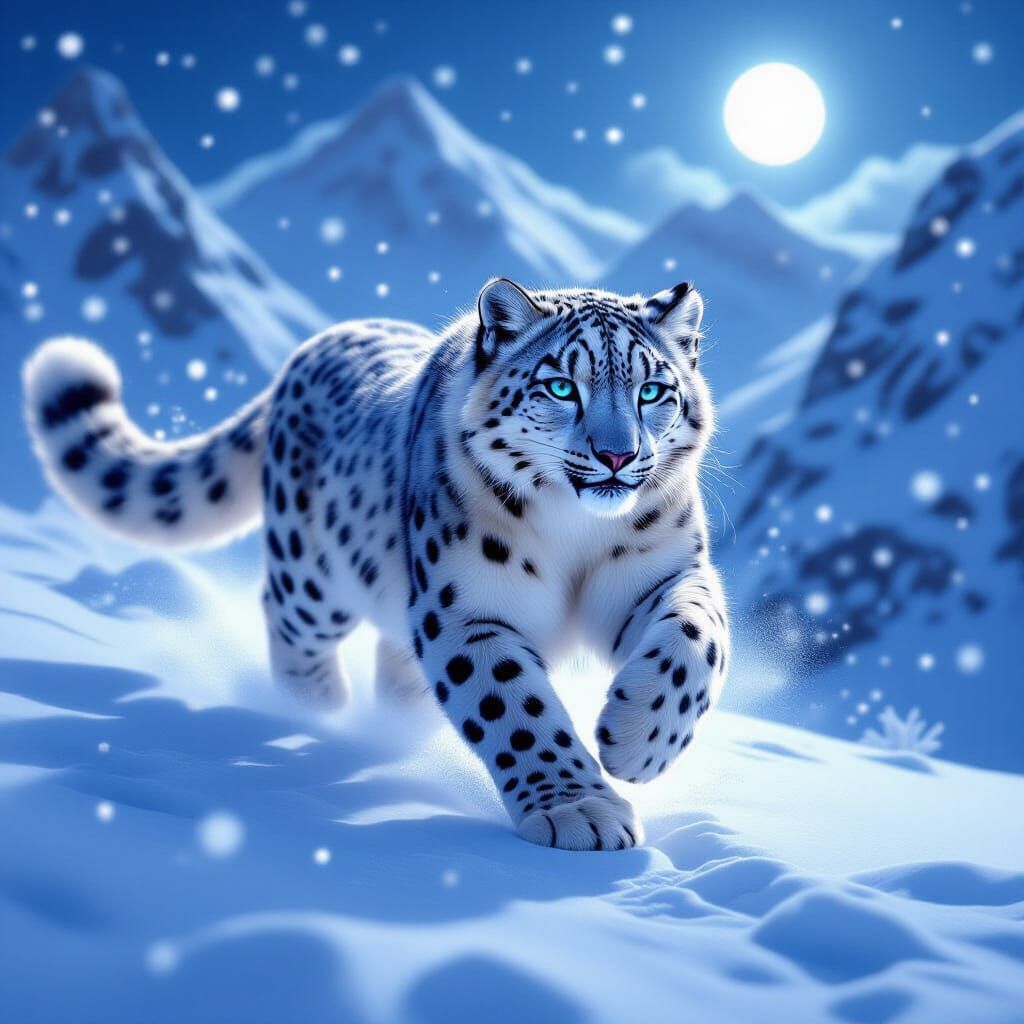 Celestial Snow Leopard Leaping Through Blizzard