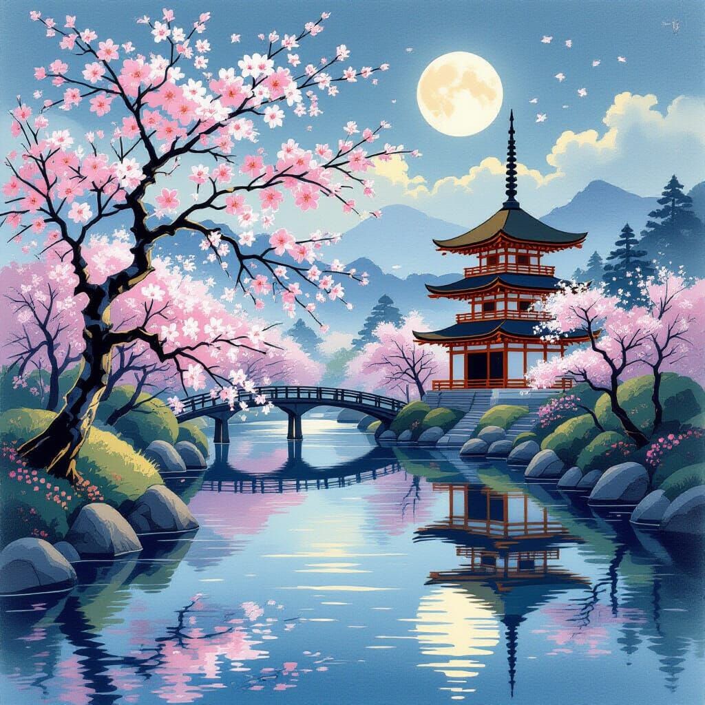 Serene Japanese Landscape with Cherry Blossoms and Moonlight
